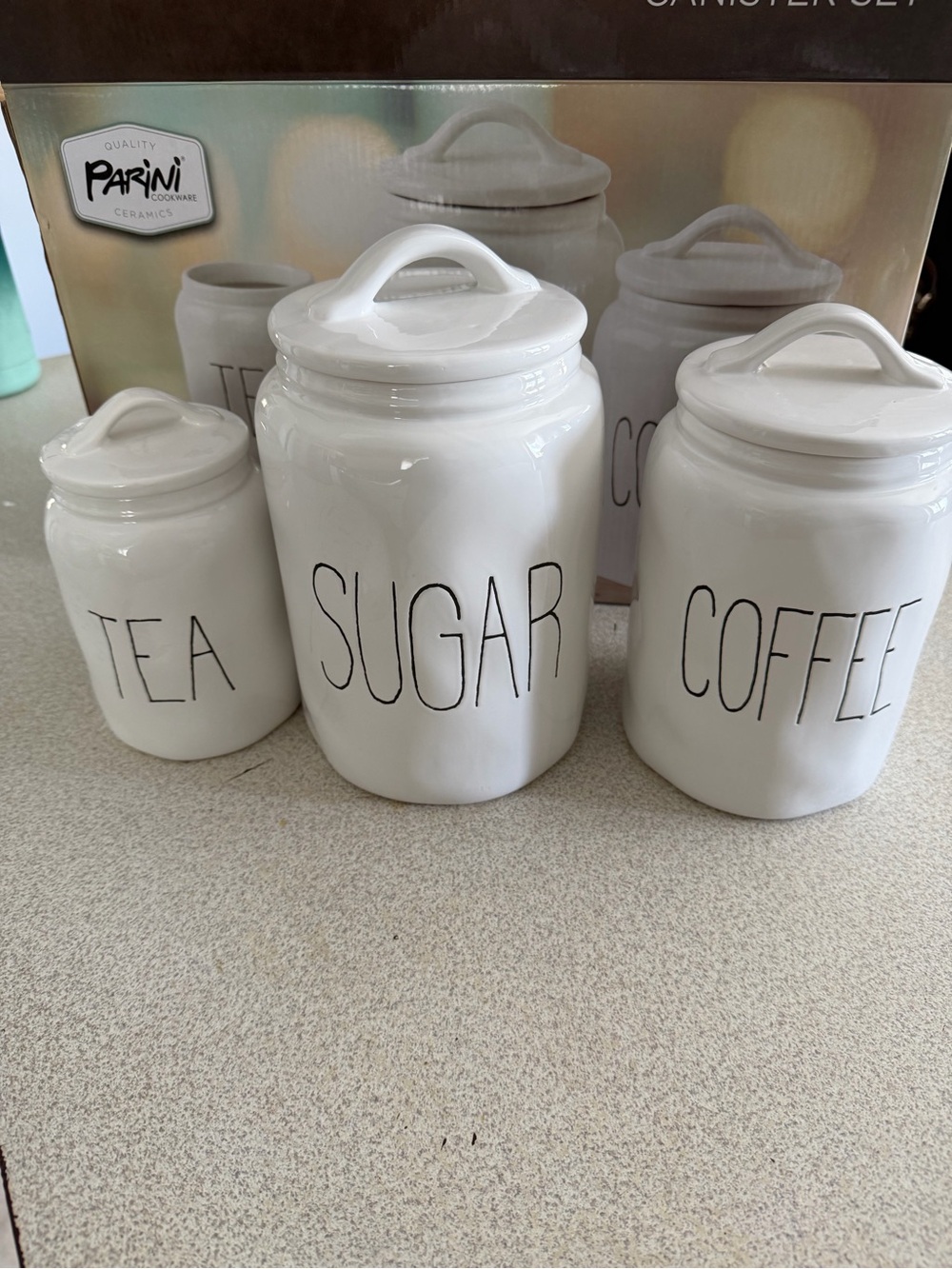 Parini White Ceramic Tea, Sugar & Coffee Canister Set